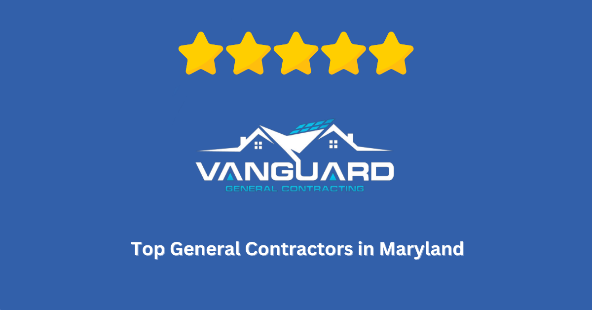 Vanguard Remodeling Services logo, 5-star rating, blue background,