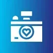 Camera logo with heart inside lens