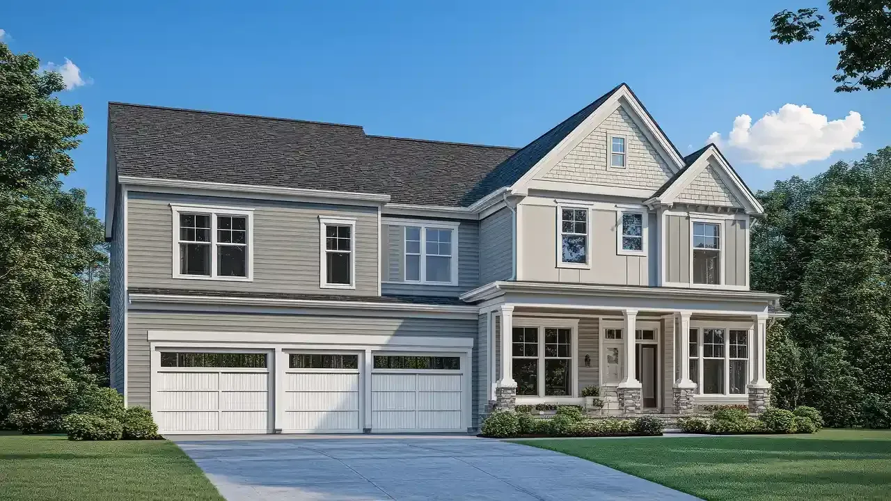 Two-story gray house with white trim, garage, and porch; blue sky.