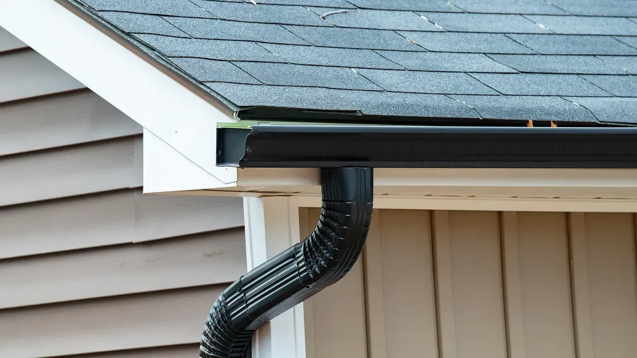 Black rain gutter on a house with gray shingles and beige siding.
