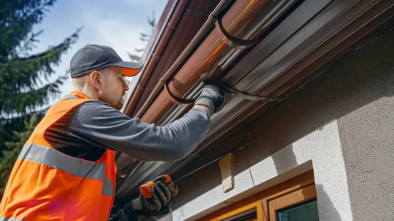 A person in an orange vest repairs a brown gutter on a house, using a tool.