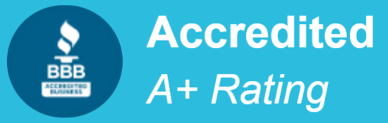 BBB Accredited business logo with an A+ rating on a blue background for Vanguard General Contracting 