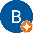 Blue circle with white "B" and small orange circle with white star.