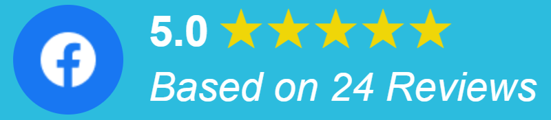 Facebook logo with 5.0 rating based on 24 reviews, with yellow stars and blue background.