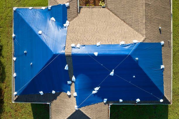 Overhead view of a house roof with blue tarp covering damage. White weights secure the tarp.