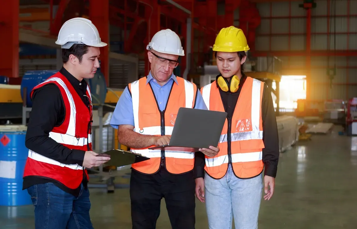 Three people in hard hats and safety vests looking at a laptop and clipboard in a warehouse.