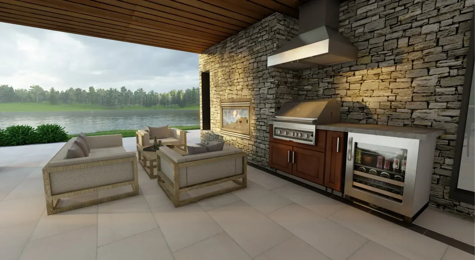 Modern outdoor patio with wicker seating, stone wall, built-in grill, and a lake view