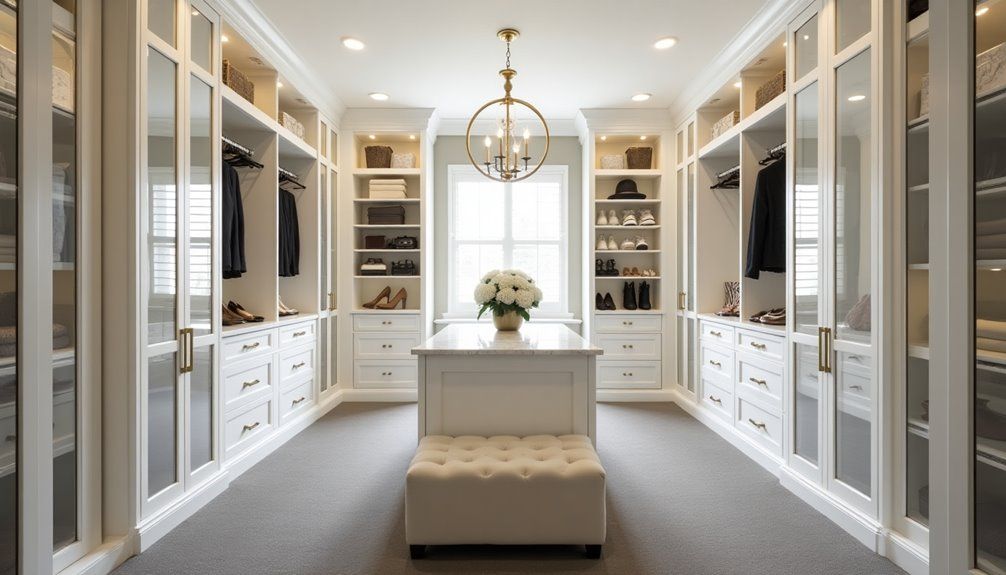Elegant walk-in closet with white cabinetry, central island, chandelier, and mirrored doors