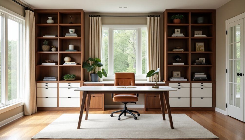 Bright home office with wooden desk, bookshelves, large window, and swivel chair