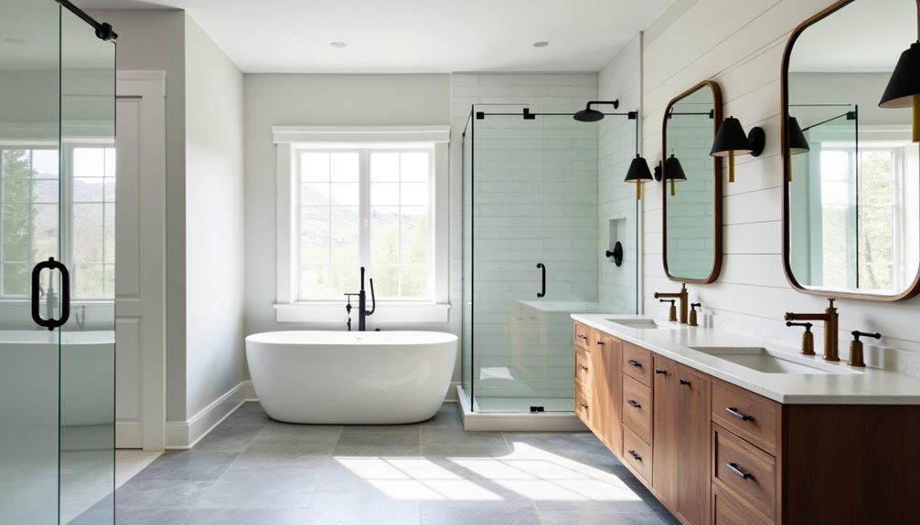 Modern bathroom with freestanding tub, glass shower, double vanity, and large windows