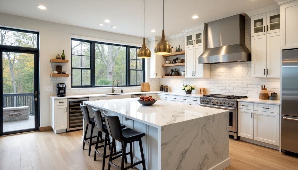 Modern white kitchen with marble island, black stools, and large windows