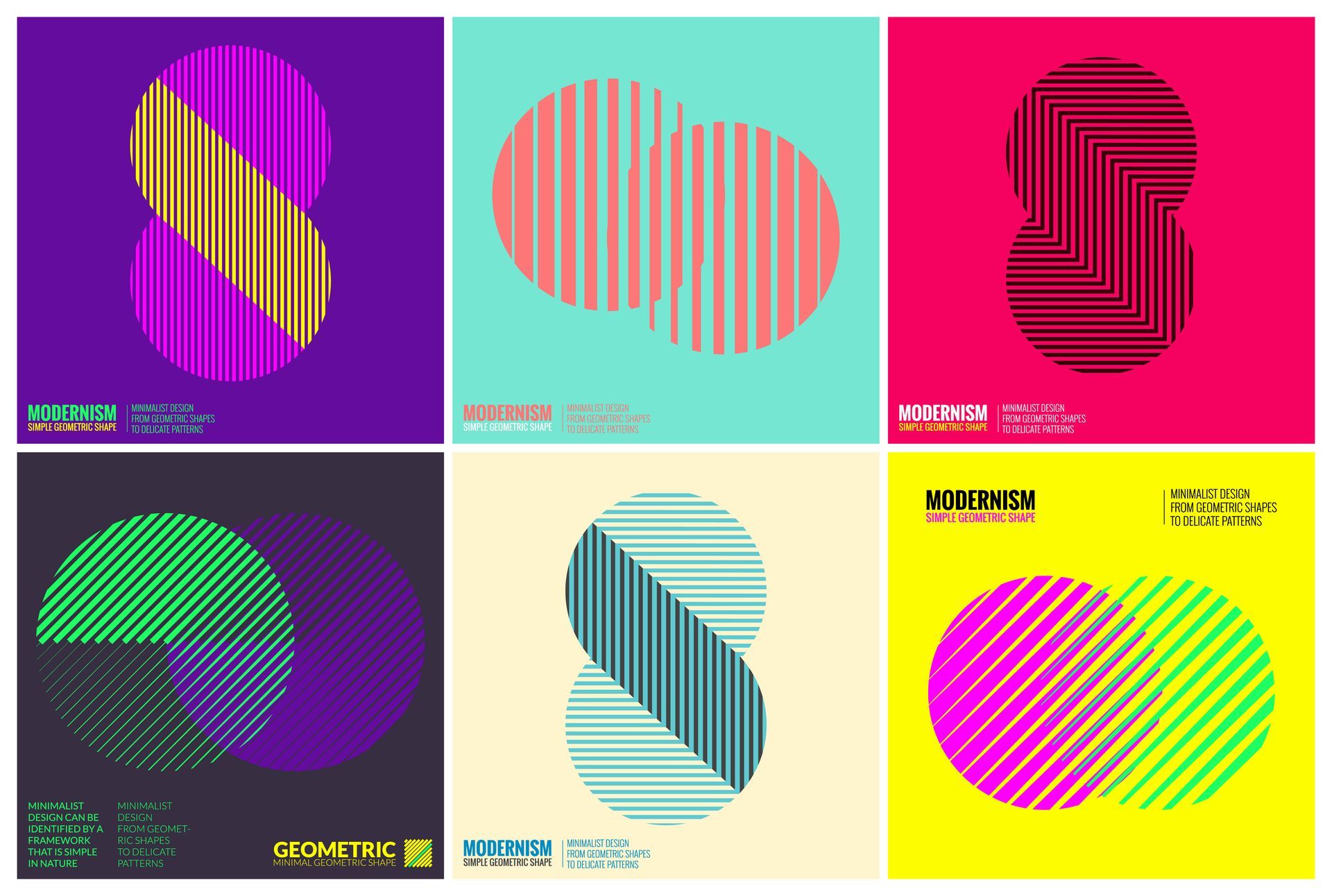 Una serie di sei poster geometrici colorati con cerchi e linee.