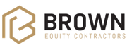 Logo for Brown Equity Contractors featuring a stylized, hexagonal 'B' icon in tan next to black company text.