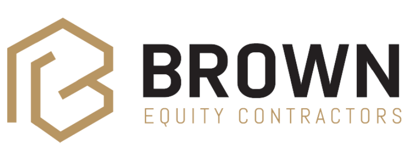Logo for Brown Equity Contractors featuring a stylized, hexagonal 'B' icon in tan next to black company text.