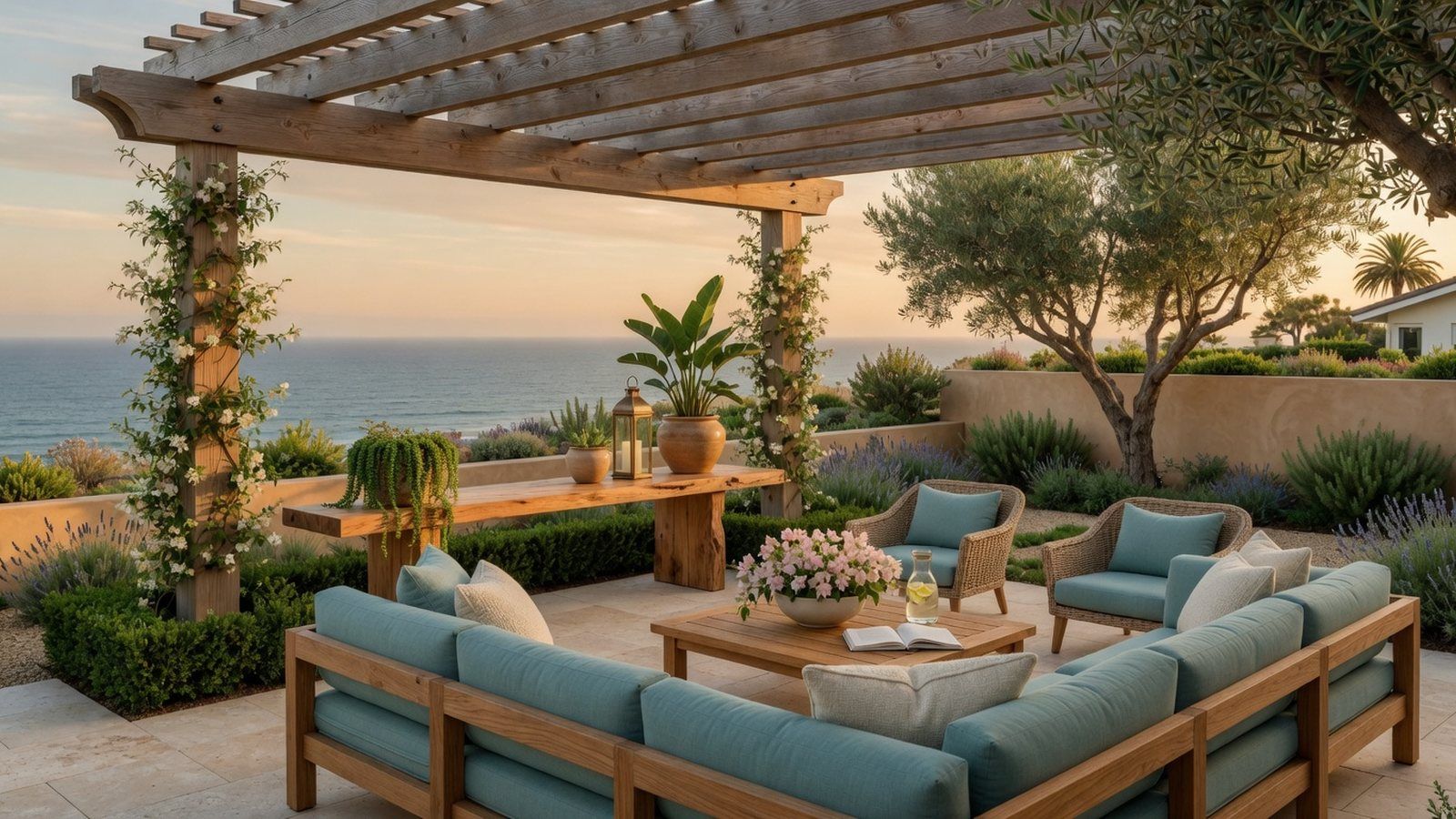 Modern patio seating under a pergola with teal cushions, potted plants, and ocean view at sunset