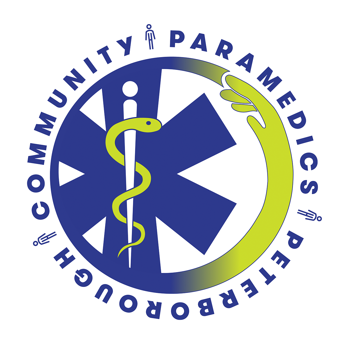 A blue and green logo for community paramedics peterborough