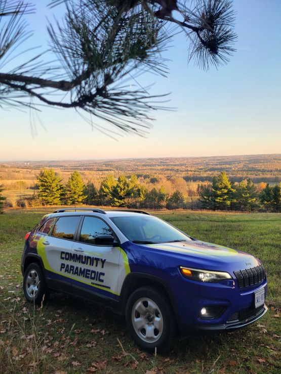 A blue and white car is parked in a field with trees in the background.