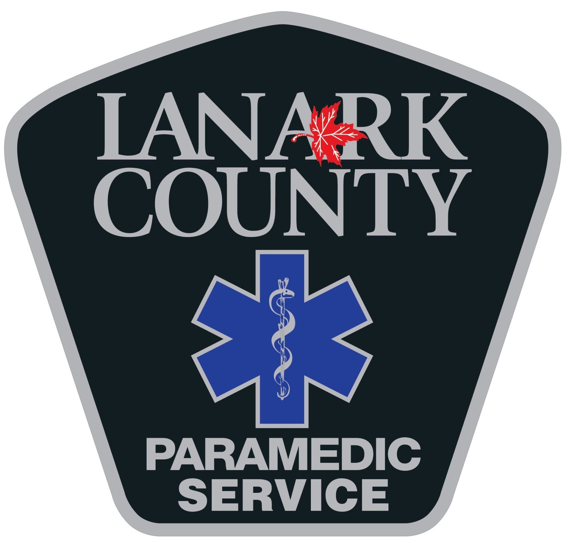 A lanark county paramedic service patch with a blue star of life