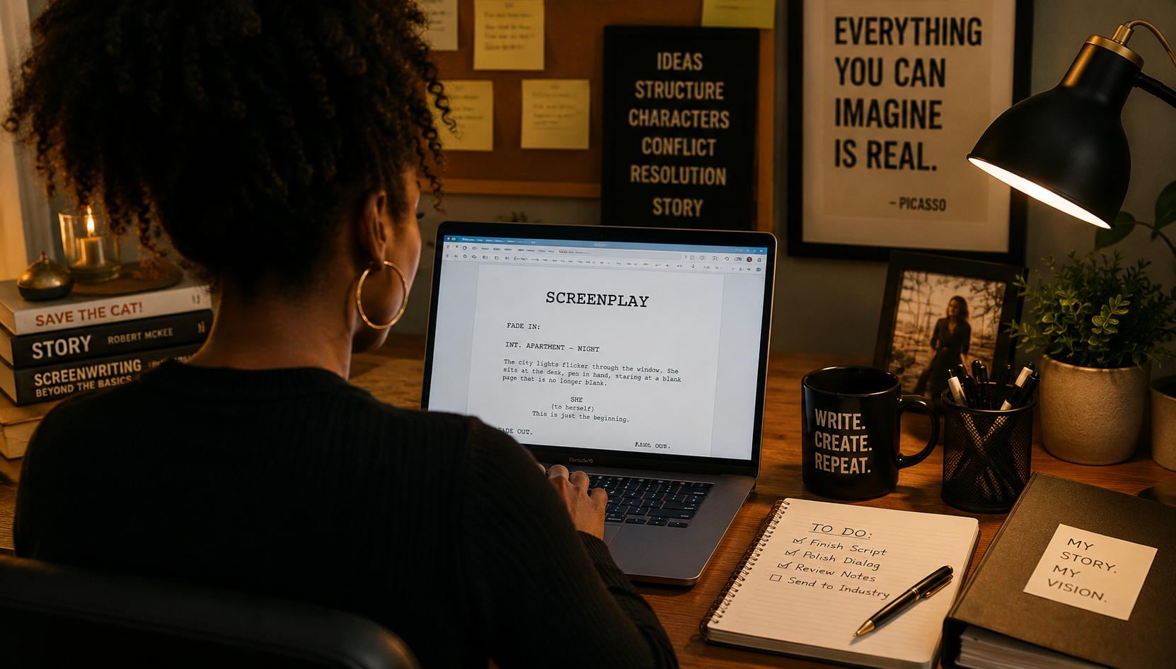 Screenwriter reviewing a completed screenplay before sending it to producers, agents, or film studio