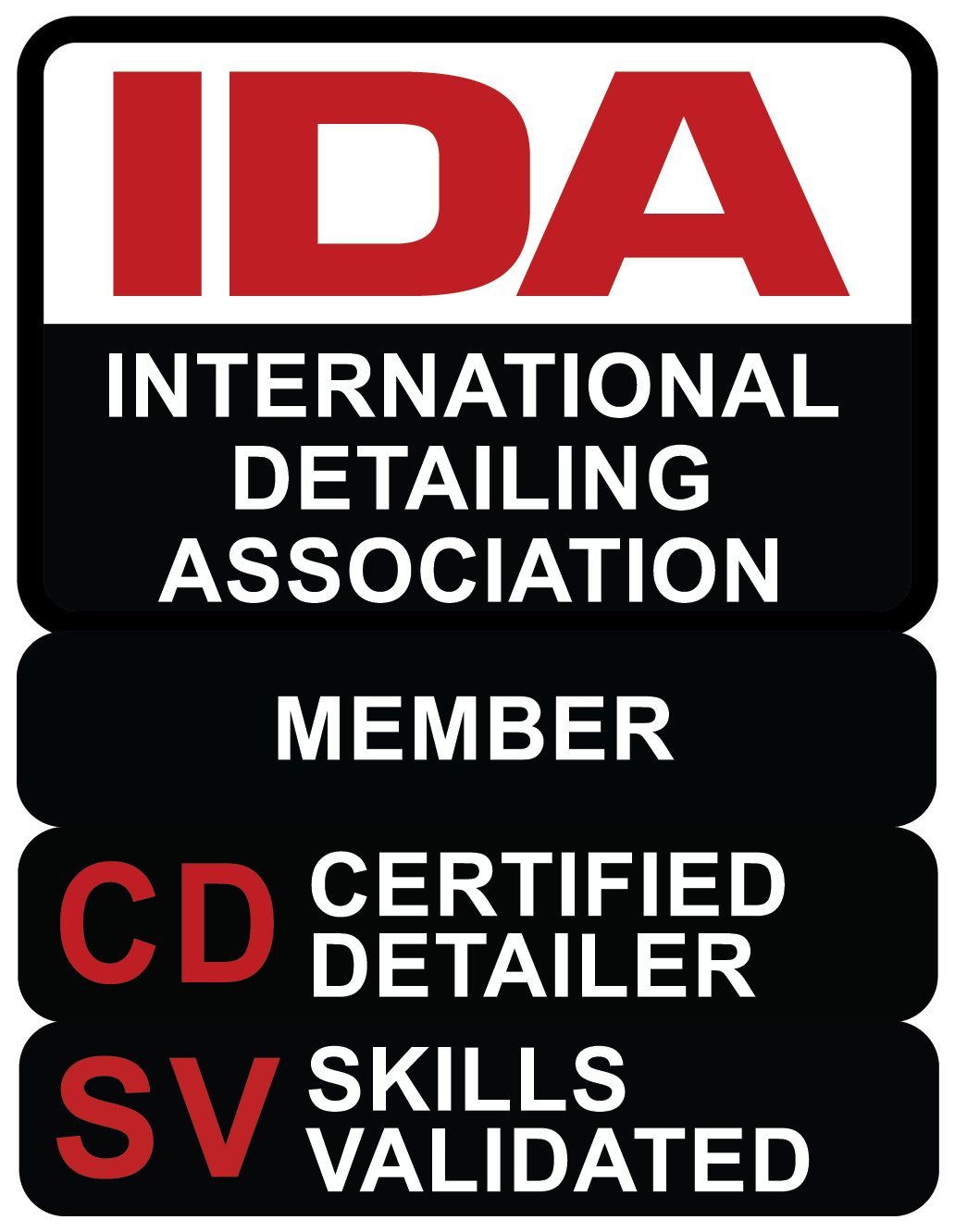 A sign that says international detailing association member cd certified detailer skills sv validated
