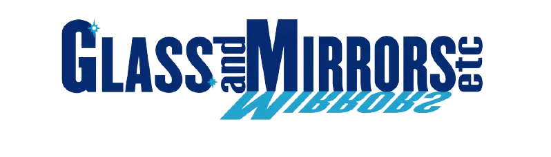 "Glass and Mirrors etc." in dark blue text, with a reflective, lighter blue version underneath.