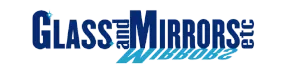 "Glass and Mirrors etc." in dark blue text, with a reflective, lighter blue version underneath.