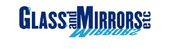"Glass and Mirrors etc." in dark blue text, with a reflective, lighter blue version underneath.