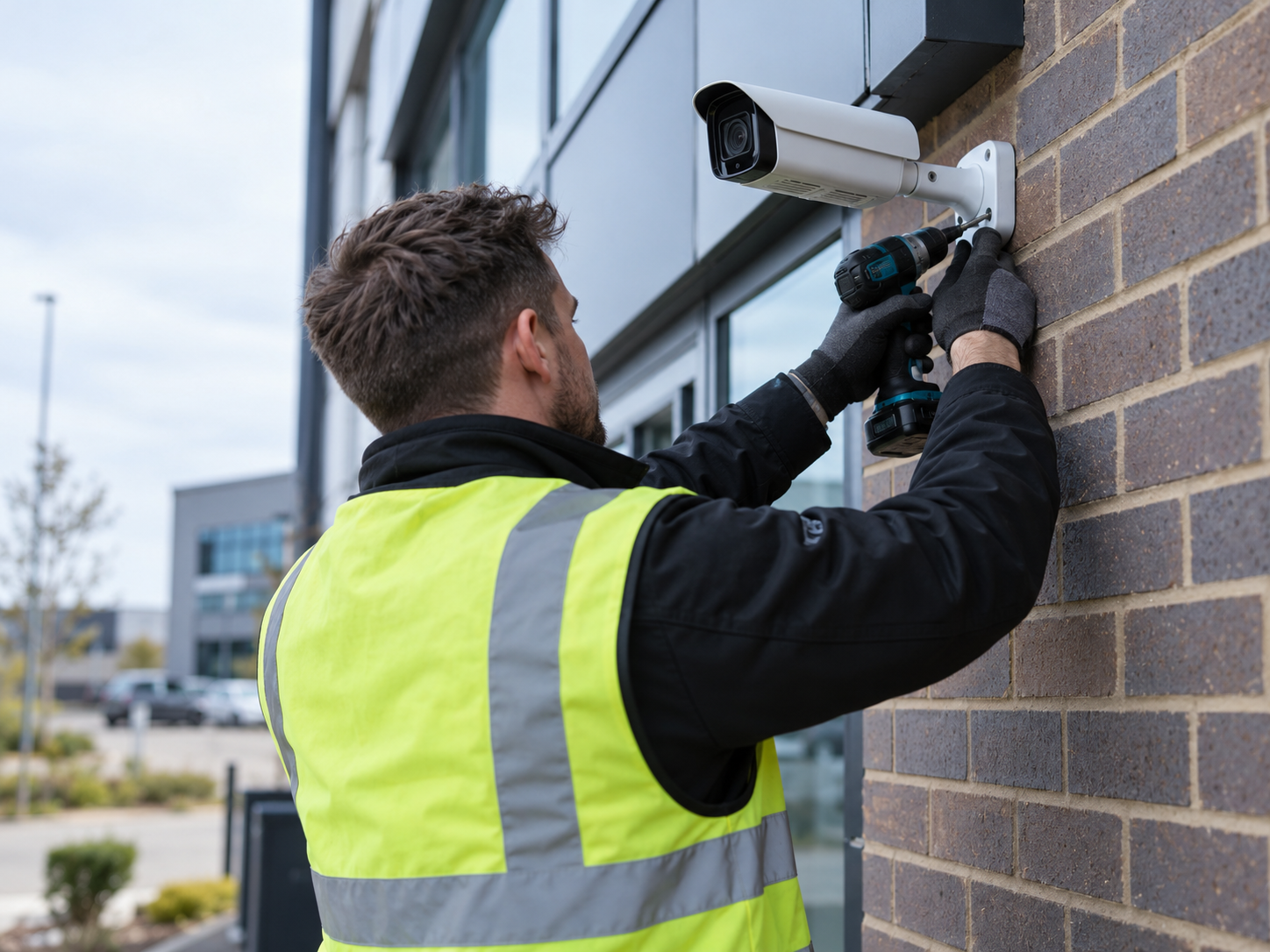 Commercial CCTV installation engineer fitting an external security camera at business premises