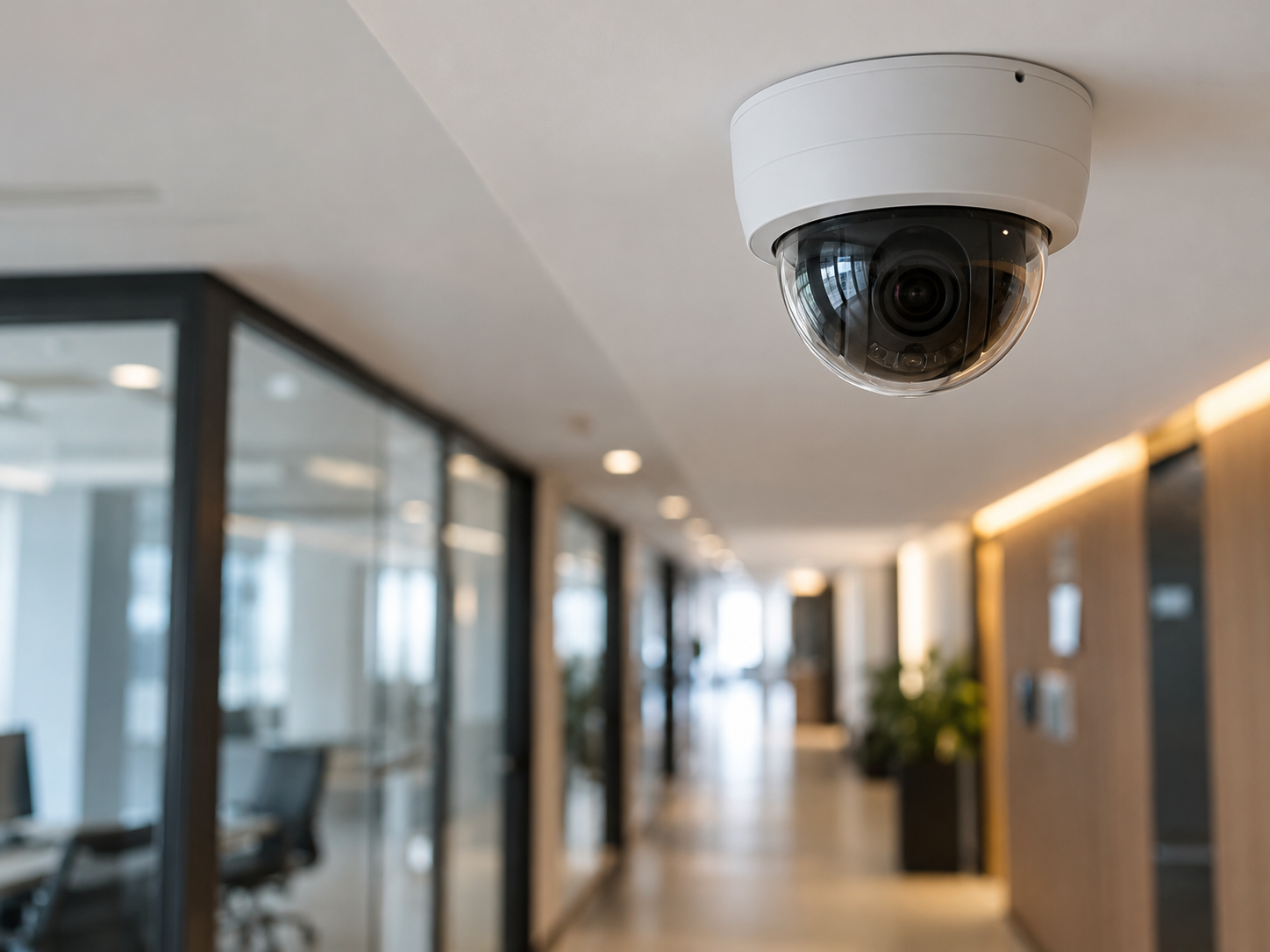 Commercial dome CCTV camera installed in an office corridor for indoor security monitoring