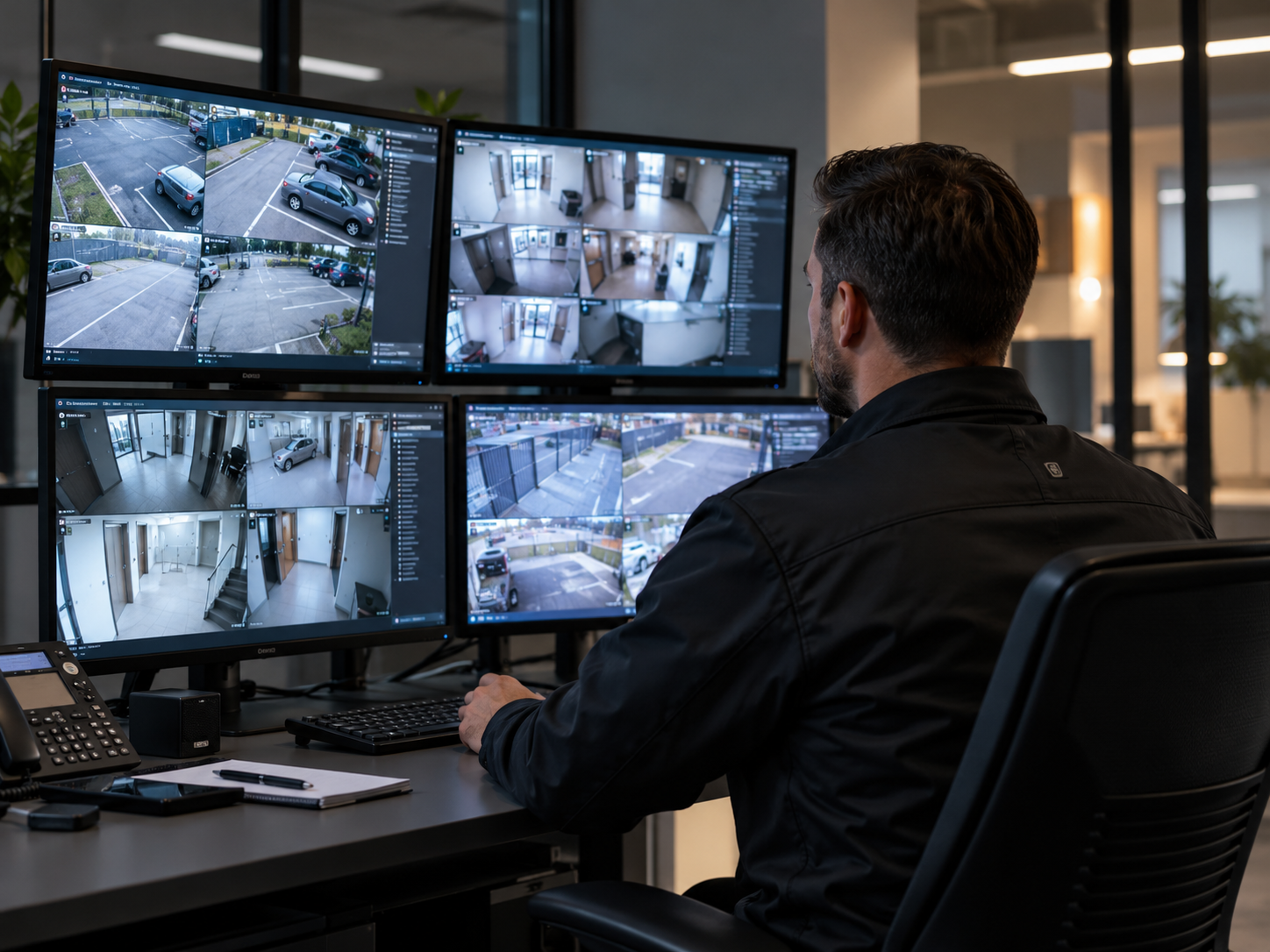 Commercial CCTV monitoring system displaying live security camera footage from business premises
