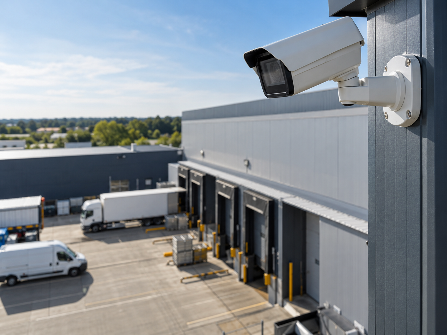 Commercial CCTV camera monitoring warehouse loading bays and delivery areas