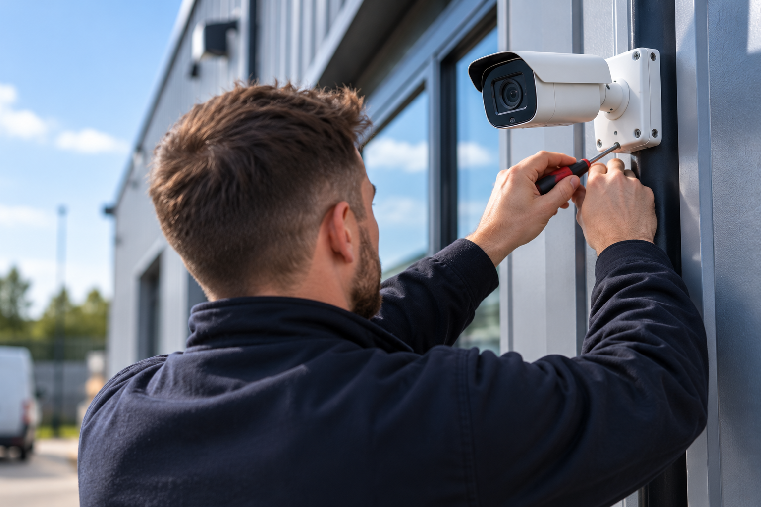Commercial CCTV installation engineer fitting an external security camera to a business building