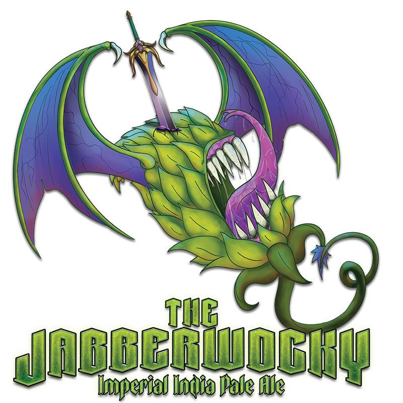 Green-purple dragon with wings and the title “The Jabberwocky” beneath it.