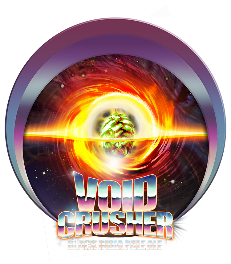 Void Crusher Label with fiery swirling portal and glowing sphere in the center