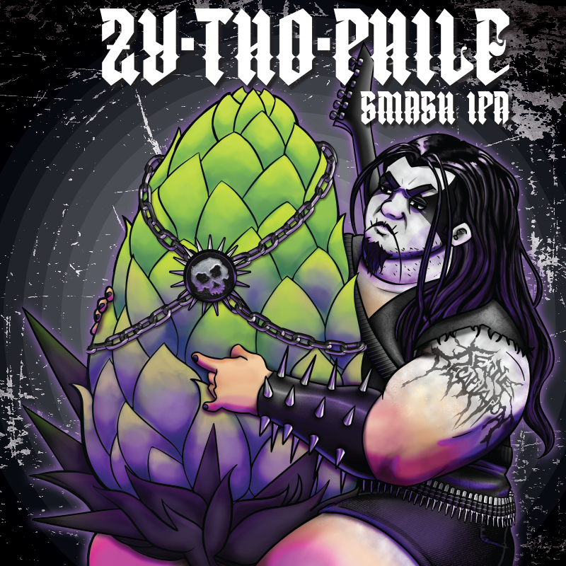 Label Zythophile featuring Tattoo-style illustration of a dark-haired person holding a green-purple Hop Cone, with bold gothic text above.