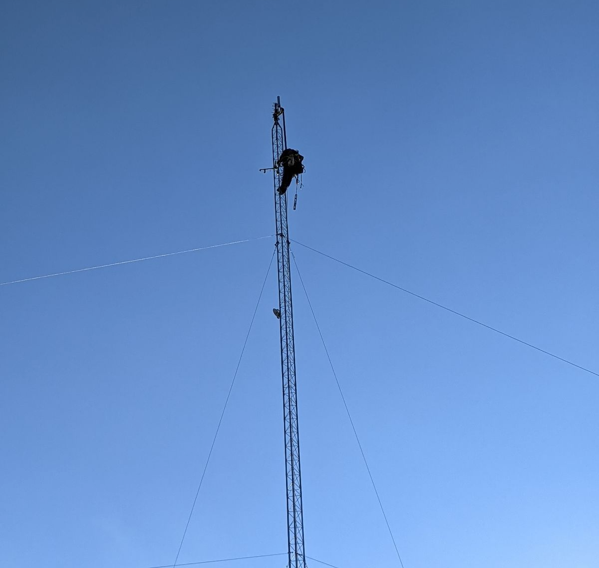 Person climbing a tall internet tower against a clear blue sky.