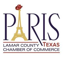 Paris, Texas Chamber of Commerce logo with Eiffel Tower and cowboy hat.