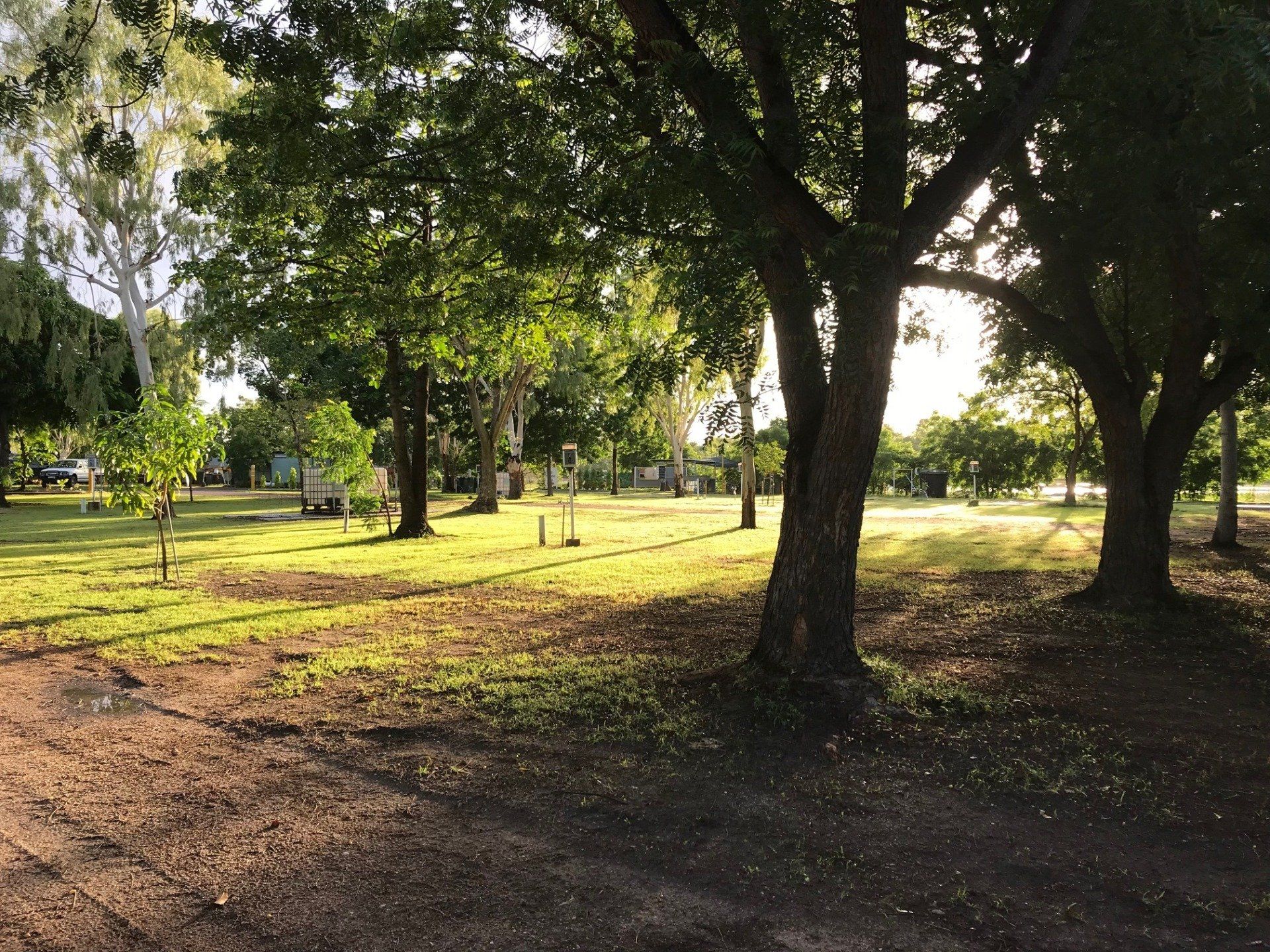 Grassy Park With Trees. Sunlight Streams Through Branches — Karumba Point Holiday Tourist Park in Karumba, QLD