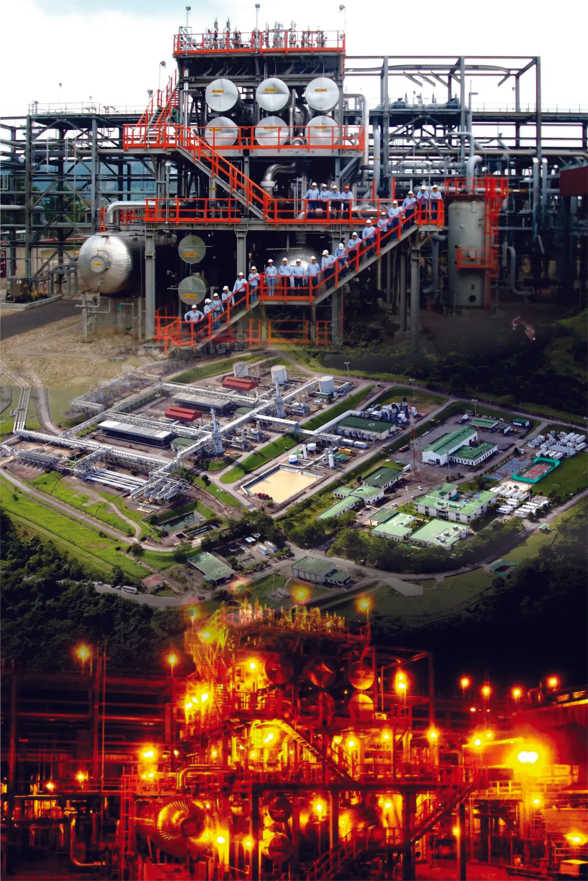Un complejo industrial, vista superior de estructuras de varios niveles, edificios a nivel del suelo e iluminación nocturna.