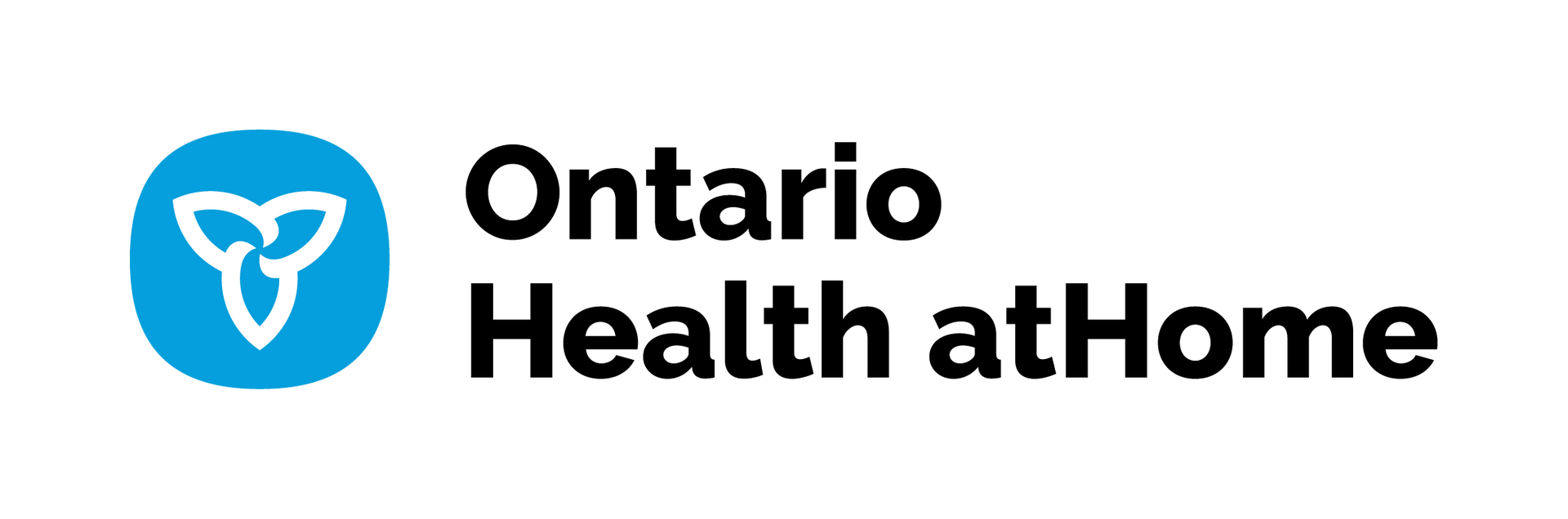 The ontario health at home logo is a blue circle with a heart in the middle.