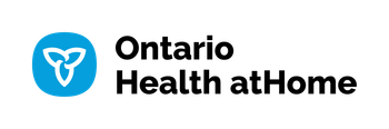 The ontario health at home logo is a blue circle with a heart in the middle.