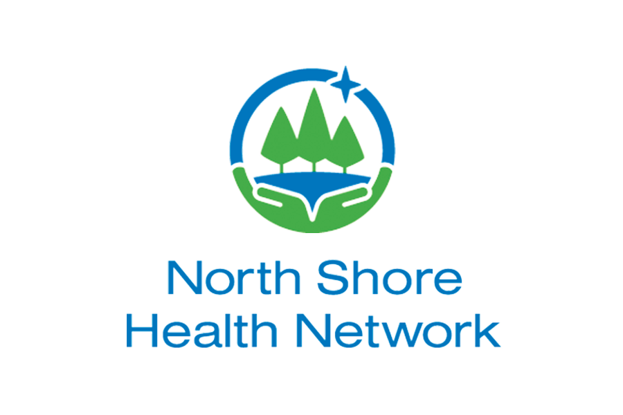 A logo for the north shore health network shows a pair of hands holding trees.