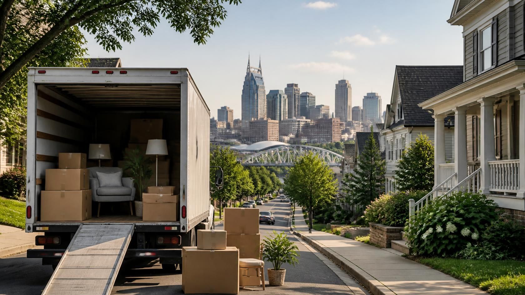 Moving to Nashville, TN with a moving truck and boxes overlooking the Nashville skyline