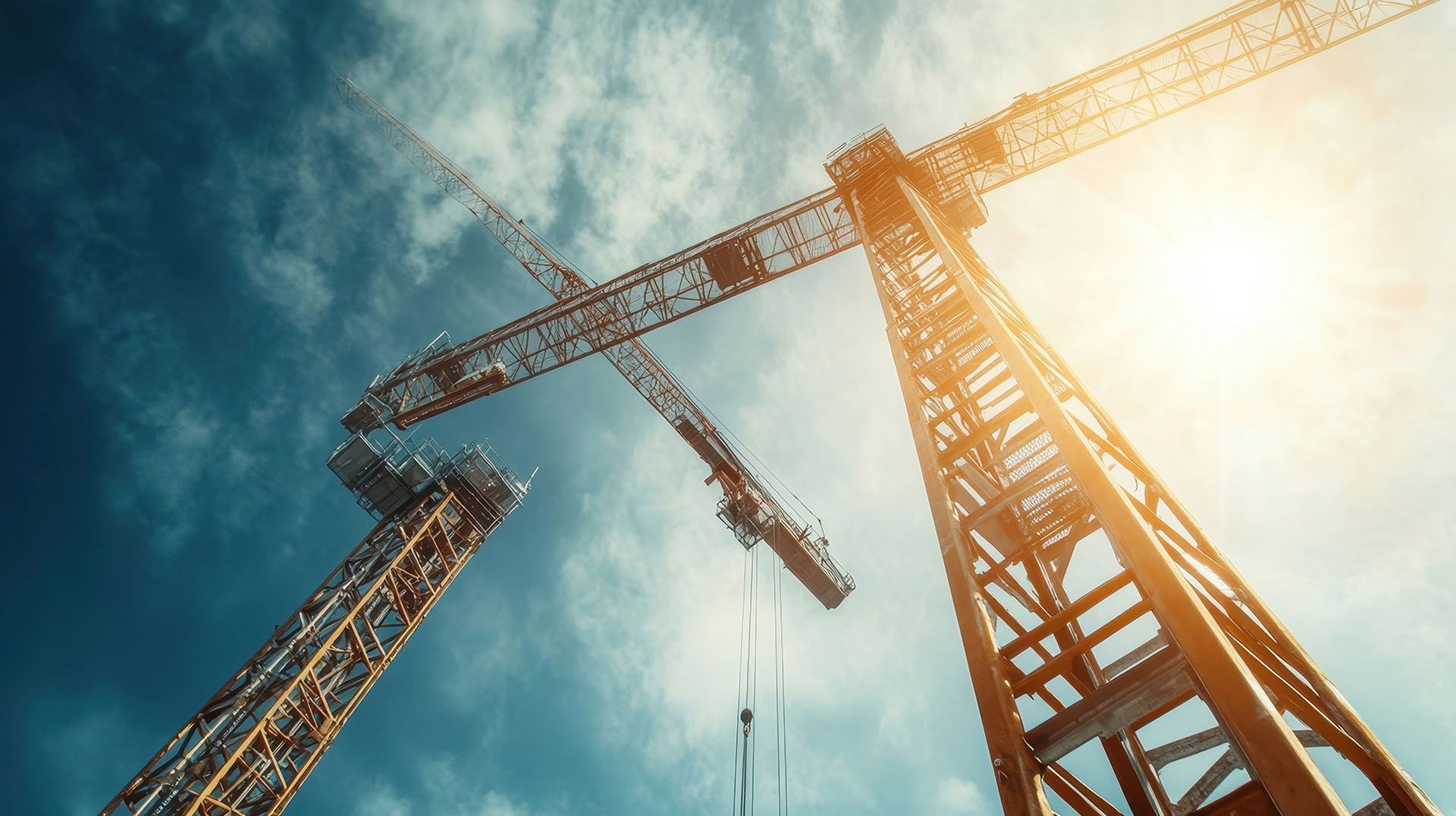 Construction cranes against a bright blue sky with the sun shining.