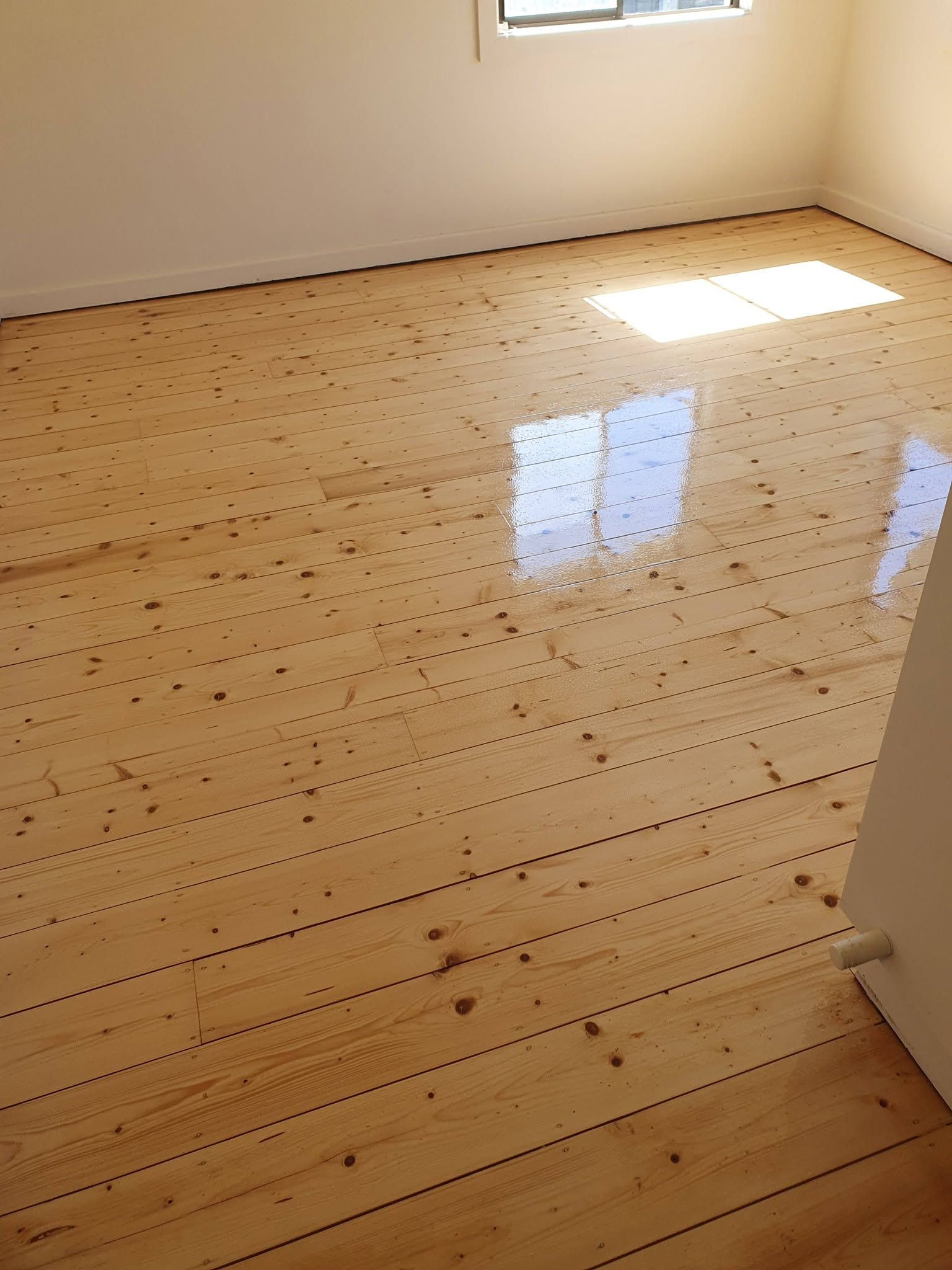Empty sunlit room with light wood floors and a small window casting reflections