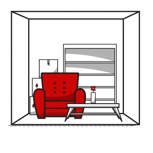 Red armchair, boxes, bookshelf, and table in storage unit.
