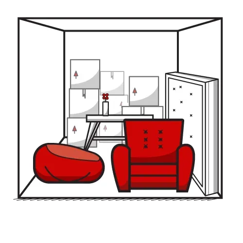 Red armchair, ottoman, and boxes stored inside a storage unit.