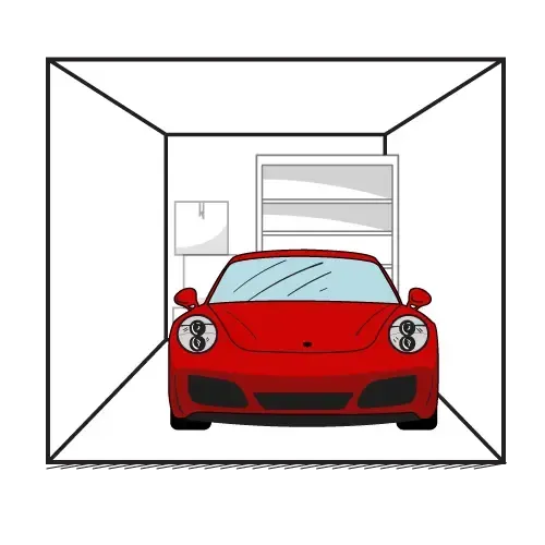 Red sports car inside a storage unit, with shelves and a box in the background.