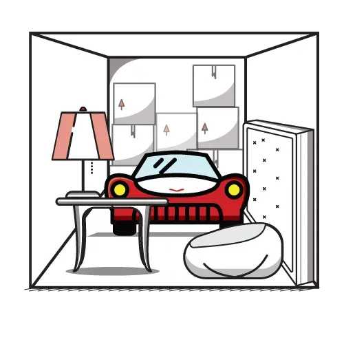 A red couch, lamp, and furniture in a storage unit with boxes.