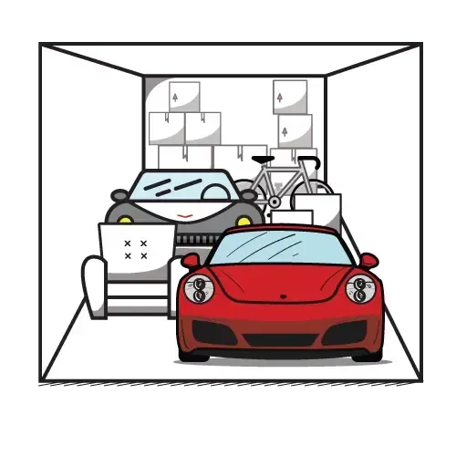 A red car parked in a storage unit with a black car, boxes, and a bicycle.